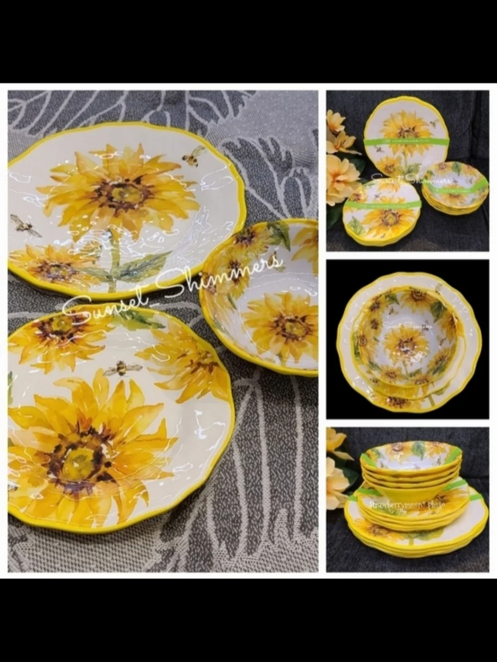 12pc Tuscan Sunflower Honey Bee Melamine Dinner Salad App Dessert Plate Set New